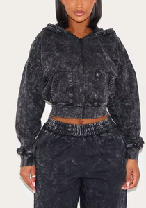 Sweat à capuche vintage lavé à l'acide en coton éponge imprimé avec fermeture éclair pour femmes Sweat à capuche court avec poche - Product Image 6