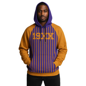 Sweat à capuche Omega Fraternity à rayures violettes avec manches raglan or vieilli, logo en chenille, Divine Nine, année de fondation 19XX - Product Image 1