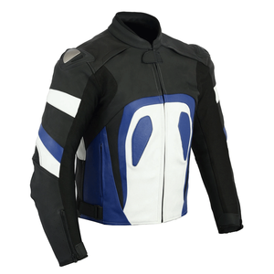Three Tone Black Blue White Genuine Cowhide Leather Windproof Winter Racing Motorbike Jacket CE Armours Protections Men - Product Image 3