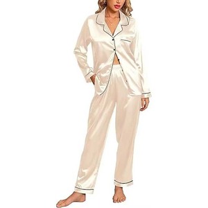 Venta al por mayor cuello vuelto transpirable manga larga Loungewear seda satén personalizado ligero elegante pijamas para mujer ropa de dormir - Product Image 4