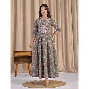 Robe Anarkali en coton imprimé à la main vert-gris, style ethnique indien pakistanais, avec dupatta cousu, sari - Product Image 6