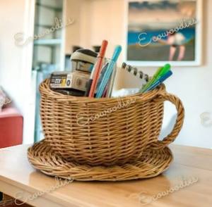 Novedad, regalo de mimbre, cafetería, taza de té y platillo, cesta de almacenamiento de exhibición, cesta decorativa Rectangular con asas - Product Image 3