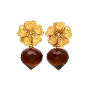 Explore Latest Exclusive Gemstone Beer Quartz Design Trendy Gold Plated Brass Drop Earrings
