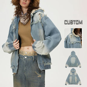 Women's Acid-washed Line Wheat <b>Denim</b> <b>Jacket</b> Custom Logo & Designed High Quality Distressed <b>Denim</b> Full Zip <b>Hoodie</b> <b>Jacket</b> - Product Image 1