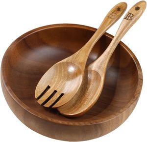 Bol de service à salade en bois d'acacia classique, léger et écologique, pour la cuisine et la salle à manger - Harvest Bliss - Product Image 4