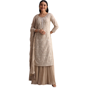 Conjunto de Lucknowi Kurta Beige con Palazzo Acampanado y Resham Work Dupatta, venta al por mayor, proveedor de Ropa Étnica OEM personalizado - Product Image 1