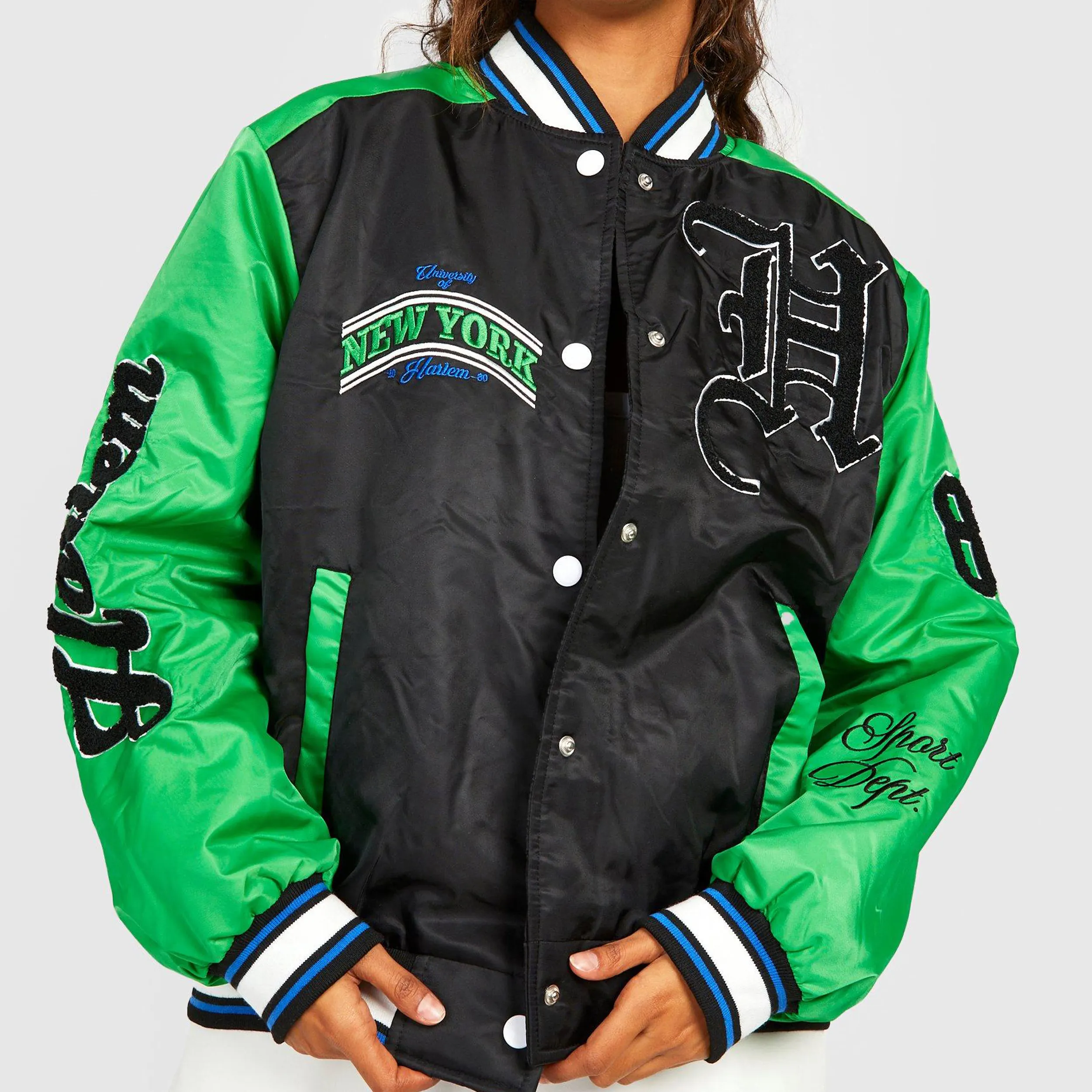 COLOUR BLOCK PATCH DETAIL VARSITY BOMBER varsity jacket boasts a baseball collar letterman style and applique details