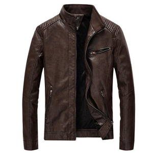 Veste d'hiver en cuir PU véritable décontractée pour hommes, couleur unie, fermeture à glissière, col montant, coupe ajustée, vente en gros de tissu de style urbain - Product Image 2
