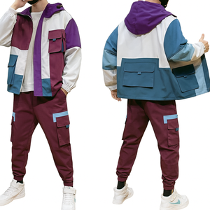 <b>Men</b> Autumn New Hip Hop Woven Windbreaker Sport <b>Cargo</b> Tracksuit Hooded Patchwork Quick Dry <b>Black</b> <b>Cargo</b> <b>Jogger</b> Set - Product Image 4