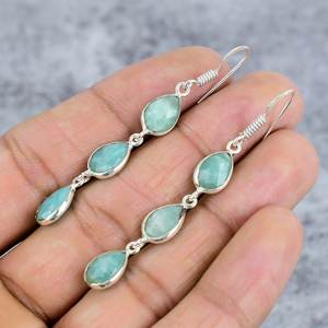 Amazonite Boucles d'oreilles pendantes à trois pierres faites à la main en argent sterling 925 en forme de poire Boucles d'oreilles pendantes tendance pour femmes - Product Image 3