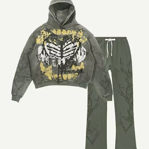 Ensemble survêtement oversize streetwear d'hiver personnalisé, taille plus, avec sweat à capuche zippé rayé délavé au soleil et pantalon de survêtement, lavage à l'acide, unisexe - Product Image 4