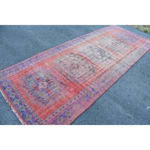 Vintage Rug, 4.3x11.1 ft <b>Runner</b> Rug, <b>Red</b> Floral Wool Turkish Rug - Product Image 2