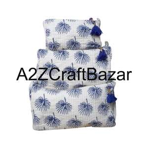 Ensemble de trousses de maquillage en tissu 100 % coton pur, motif à franges, fermeture éclair, écologique, durable, avec poignée souple - Product Image 1