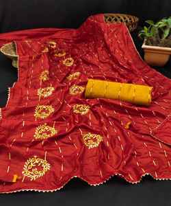 Occasion spéciale Ladies Wear Designer Heavy Brodé Perle Travail 5.5 Mètre Couleur Rouge Sari avec 1.0 Mètre Pleine Longueur Blouse Alphanumero - Product Image 1