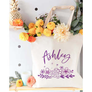 Personalized Name Purple Floral Cotton Canvas Tote Bag Embroidery Letter Decoration Polyester Lining Fashionable Open for All - Product Image 4