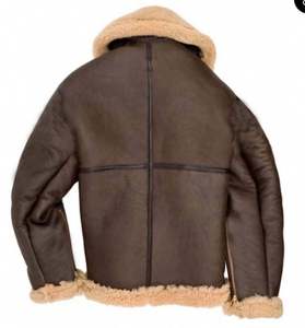 Blouson aviateur en cuir de mouton véritable pour homme avec col montant et logo sur le devant Blouson de moto épais avec doublure en peau de mouton - Product Image 5
