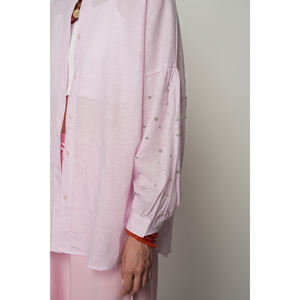 Camicia Rosa da Donna con Decorazioni in Pietra sulle Maniche e Design con Colletto Standard Collezione - Product Image 2
