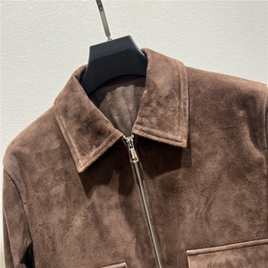 Customize High Quality High Street Casual Nubuck <b>Suede</b> Cow Leather <b>Jacket</b> Canvas Stand Collar Front Logo Breathable Linen Men - Product Image 2