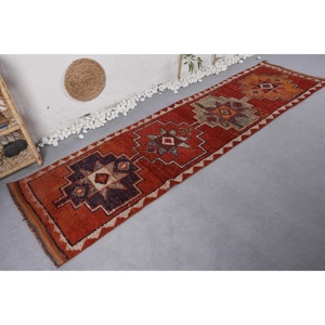 Turkish 2.8x9.8 ft Rug, Herki Vintage Rug, <b>Red</b> Floral <b>Wool</b> Rug - Product Image 2