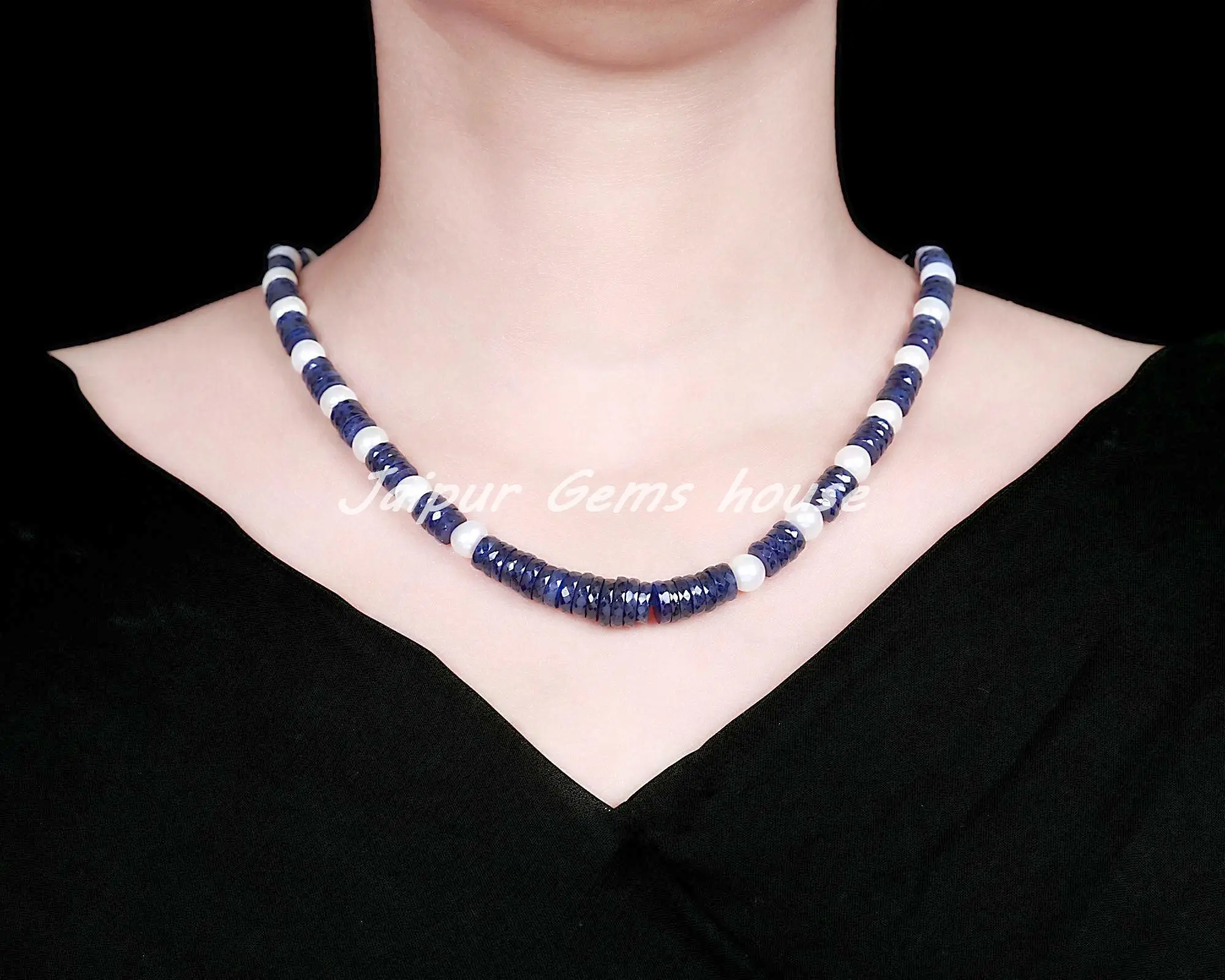 Hot Bán Tự Nhiên Đẹp Blue Sapphire & Ngọc Trai Tươi 8Mm Vòng Cổ Màu Xanh Và Trắng Màu Vòng Cổ Handmade Trang Sức Bộ Sưu Tập