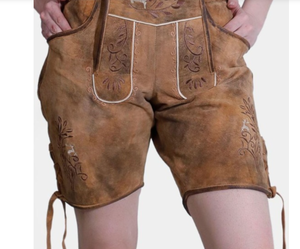 Botones bordados de bolsillos frontales de cuero de ante de cabra genuino corto Lederhosen de alta calidad para mujer - Product Image 1