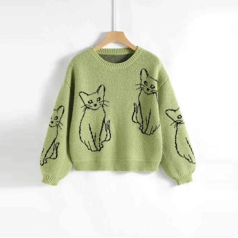 Hot Selling Warm Design Cat Crewneck Lange Mouw Meisjes Gebreide Ademende Damestruien Uit Pakistan