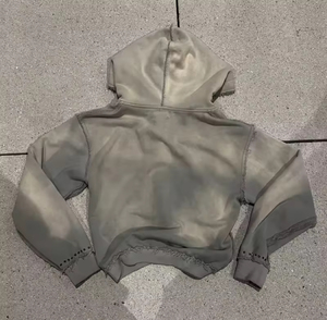 Sweat à capuche zippé de haute qualité, lourd, coupe et couture personnalisées, délavé au soleil, effet pierre, strass, effet usé, sweat à capuche ample et court pour homme - Product Image 2