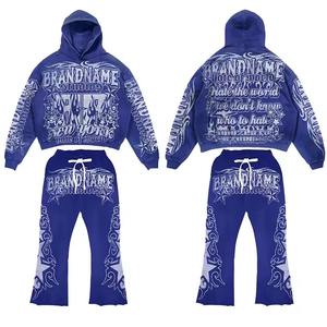 Conjunto de pantalones de chándal acampanados con estampado desgastado personalizado para hombre, ropa de calle de algodón 100% lavado ácido de gran tamaño, chándal de invierno estilo Hip Hop - Product Image 4