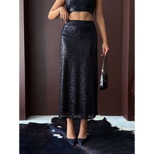 Topshow Elegant Black <b>Sequined</b> Long <b>Skirt</b> for Women, 100% Polyester Embroidered Maxi <b>Skirt</b>, Perfect for Evening Wear - Product Image 4