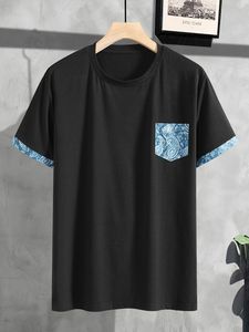 เสื้อยืดคอกลมธรรมดาสำหรับผู้ชายเสื้อยืดคอกลมสีพื้นมีกระเป๋าด้านหน้าผ้าคอตตอน100% - Product Image 5