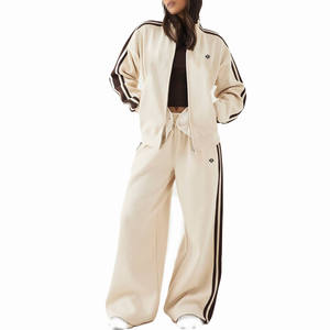 Women Two Piece Track Suit <b>Set</b> Zip Up Jacket and Wide Leg Pants Soft Fleece <b>Lounge</b> Wear with Side Stripe Detail - Product Image 1