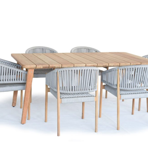 Silla de exterior de madera de teca contemporánea con respaldo de cuerda vertical y diseño curvo - Product Image 4