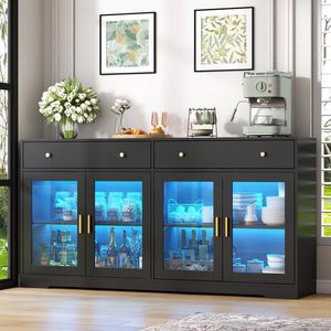 Buffet moderne noir avec éclairage LED et portes vitrées, meuble de rangement de <span class=keywords><strong>cuisine</strong></span>, credenza, meuble bar à café avec tiroirs - Product Image 1