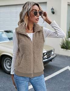 Chaleco de lana difusa para mujer, chaqueta informal cálida sin mangas con cremallera Sherpa con bolsillos para Otoño/Invierno - Product Image 5