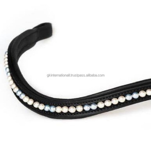 Banda Frontal para Caballo de Cuero Curtido Vegetal de Alta Calidad para Bridas Ecuestres, Personalizada con 1 Hilera de Perlas Crema y Azul Claro - Product Image 6