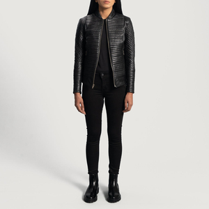 Women's PU <b>Leather</b> Moto <b>Jacket</b> Quilted Stand Collar Zipper Closure Full Sleeve Black Autumn Style - Product Image 1