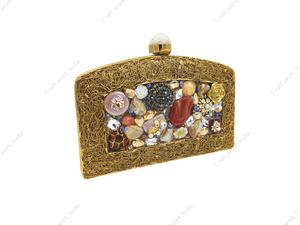 Luxury Handmade Panelled Metal <b>Clutch</b> with Multi Stone Crystal Bead Inlay Art Frame Statement Designer Evening <b>Bag</b> gift her - Product Image 3