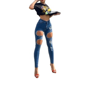 Pantalones vaqueros elásticos sexis rasgados ajustados de cintura alta rectos de mezclilla oscura sólida a la moda para mujer con diseño de agujero exportación BD - Product Image 1