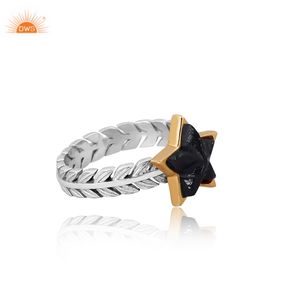 Anillo de Plata de Ley 925 con Patrón de Estrella y Hoja de Ónix Negro Natural, Hecho a Mano por el Fabricante - Product Image 4