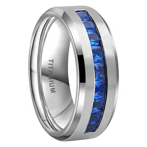 Coolstyle Jewelry 8mm Titanium Ring For Men Women Blue Princess Cubic Zirconia CZ Inlay Fashion Eternity Engagement Wedding Band