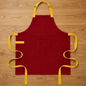 Delantal Clásico Rojo sin Mangas de Lona con Tirantes Amarillos y Bolsillo Frontal, Resistente al Agua para Limpieza - Product Image 1