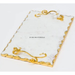 Plateau de service en marbre de haute qualité de concepteur de fantaisie unique de forme ronde avec bords dorés de l'Inde à un prix impressionnant - Product Image 2