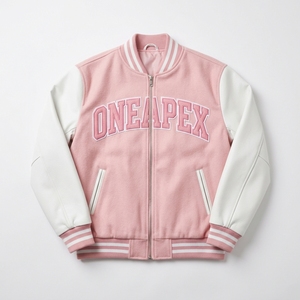 เสื้อแจ็คเก็ตผู้ชายสีชมพูผสมขนสัตว์ แขนหนังสีขาว ปักลายตามสั่ง ซิปแบบรูดขึ้น ผ้าถักแบบริบ สไตล์ลำลอง สตรีทแวร์ เสื้อคลุมขายส่ง รับผลิตแบบ OEM - Product Image 1