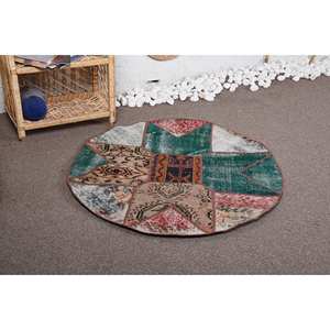 Tapis Patchwork Vintage Vert Beige Laine 3.3X3.2 pieds Rectangulaire Grande Surface Motif Abstrait pour Couloir-Latex Soutenu Viscose - Product Image 2