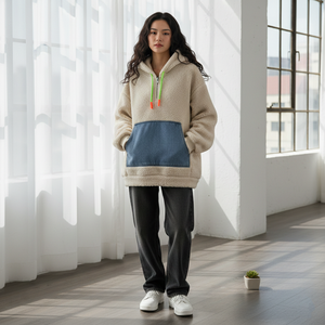 New Arrival Winter Fashion Streetwear Loose Fit <b>Teddy</b> Fleece <b>Hoodie</b> Denim Patchwork Front Pocket 3D Embroidery Sweatshirt for - Product Image 3