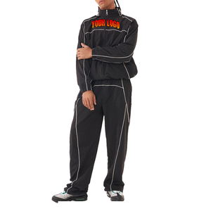 Ensemble de survêtement unisexe en molleton de coton imprimé uni léger, vente en gros OEM, logo personnalisé, 2 pièces, noir avec piping réfléchissant - Product Image 4