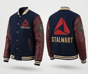 Stalwart Men's Woolen Varsity <b>Jacket</b> With Leather Sleeves Embroidered Logo Casual Autumn Wear Turn-down Collar Regular Fit - Product Image 5