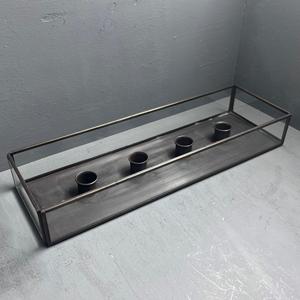 Porte-bougie rectangulaire long à plusieurs niveaux en verre avec cadre en métal foncé, design artisanal fait à la main, support décoratif de haute qualité - Product Image 4