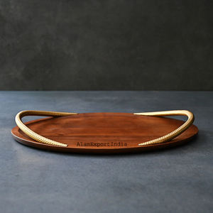 Vente chaude prix raisonnable mangue plateau de service en bois plateau forme ovale bois naturel fini métal attrayant poignée plateau - Product Image 4