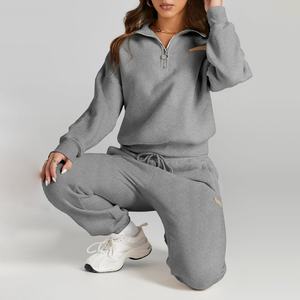 Luxe Y2K Femmes Polaire Demi Zip Sweat Jogger Pantalon Ensemble Gris Marron Solide Motif Écologique pour la Saison de Printemps - Product Image 3
